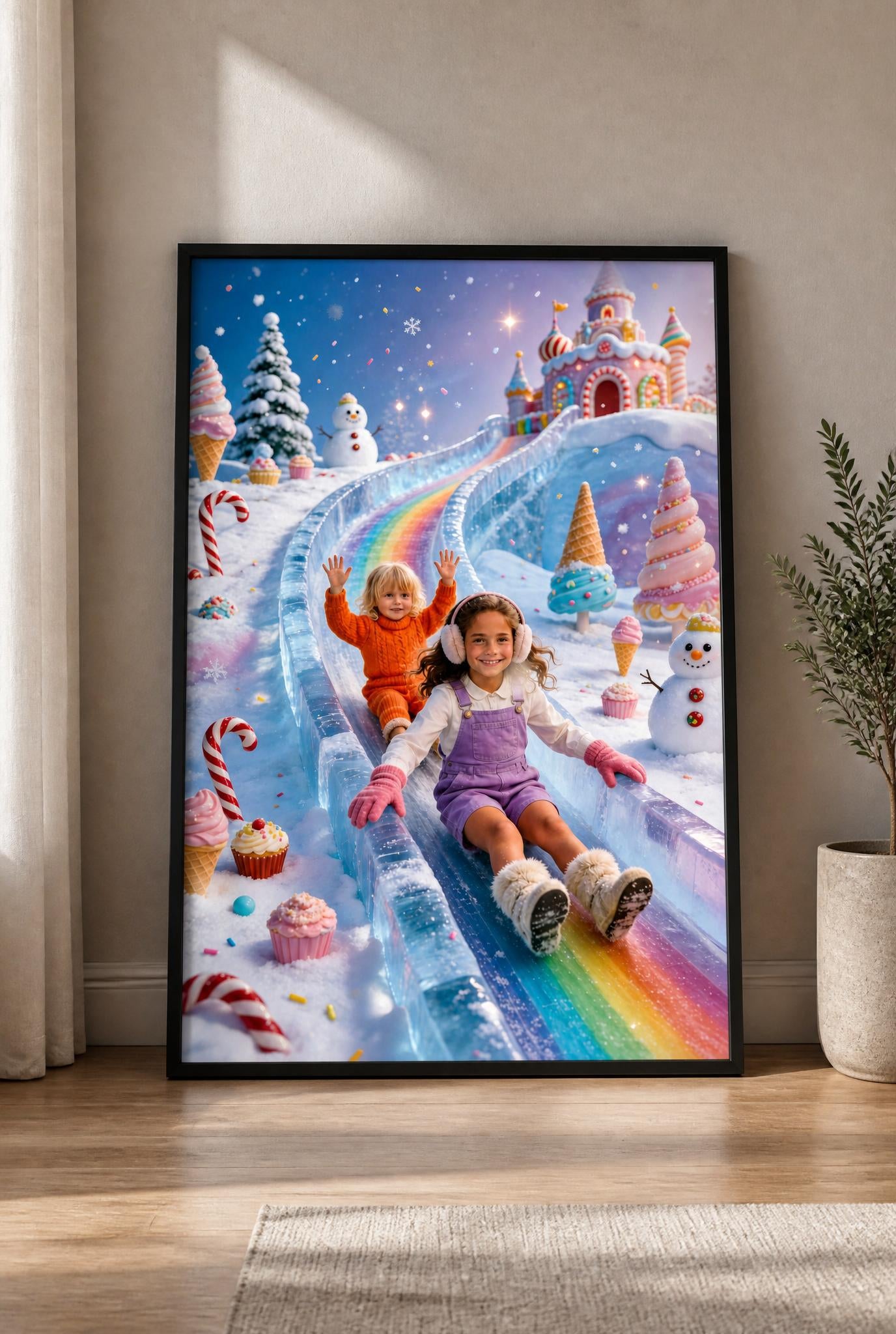 ❄️ Two sisters sliding down in winter candyland