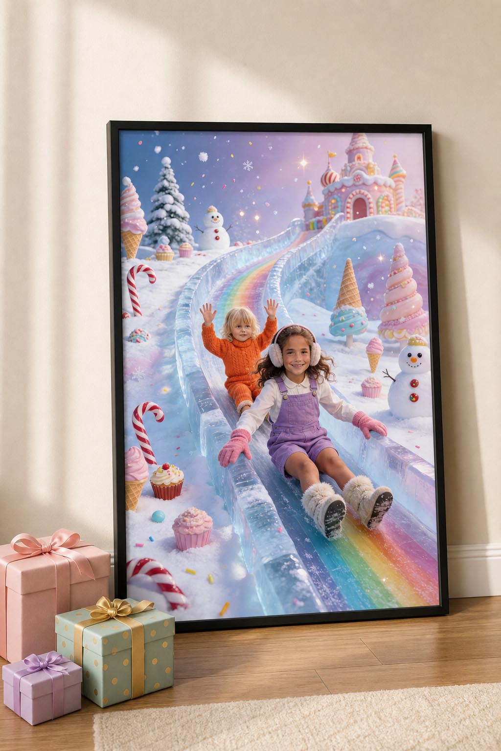 ❄️ Two sisters sliding down in winter candyland