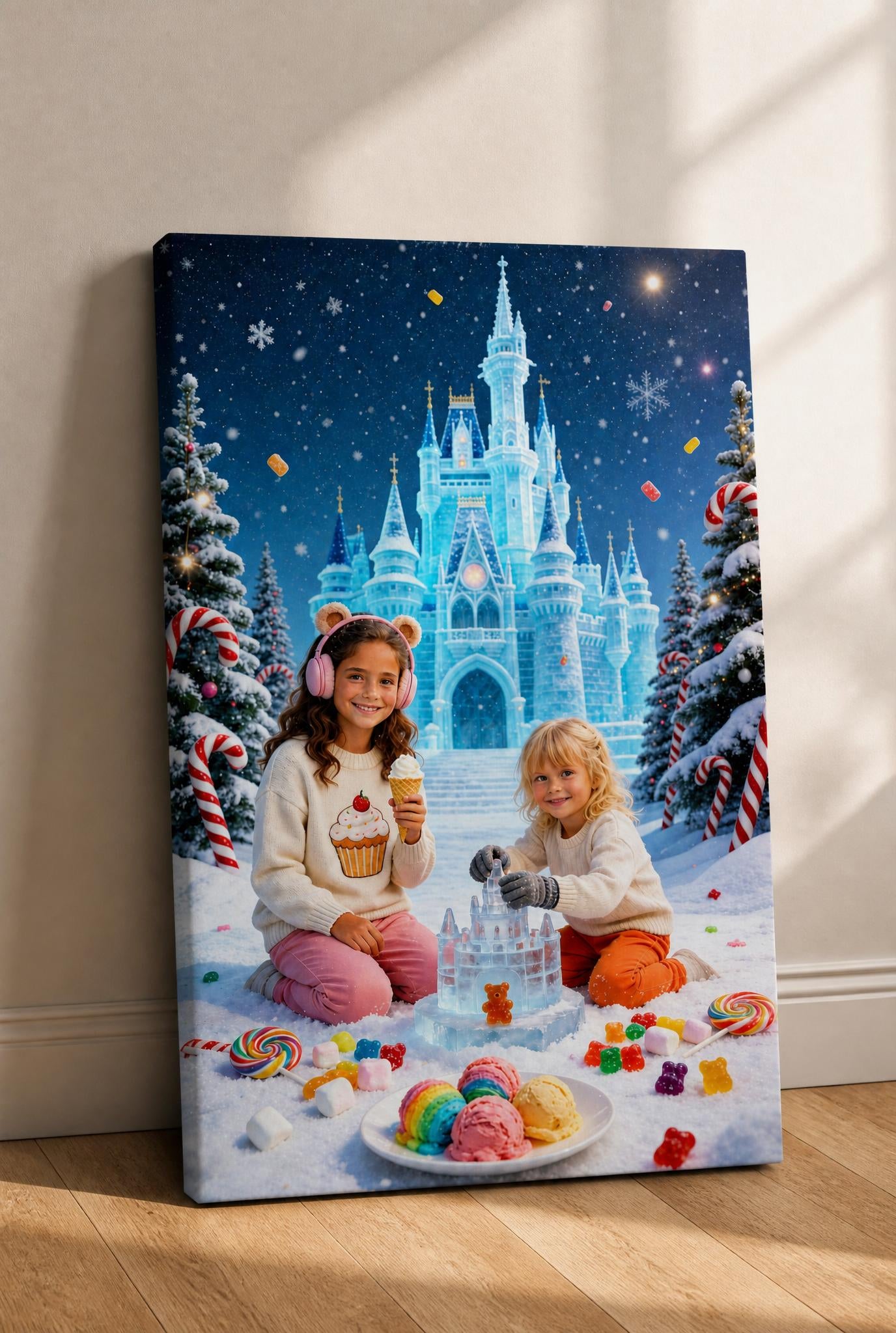 🏰 Two sisters building a castle in winter Candyland