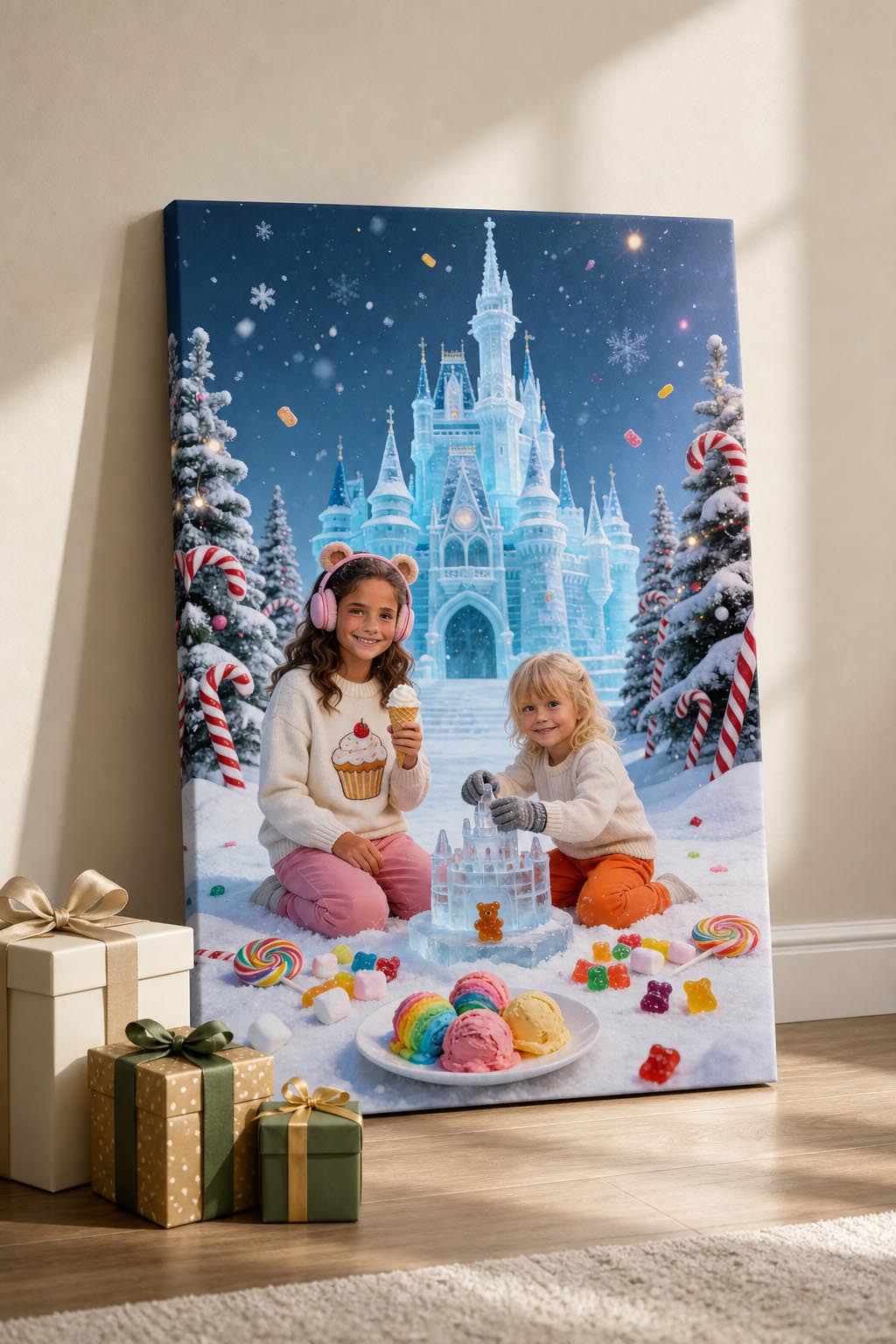 🏰 Two sisters building a castle in winter Candyland