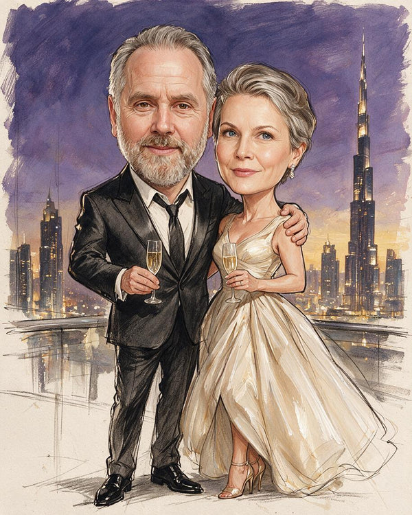 🌇 Twilight Skyline Jet-Set Caricature Couple